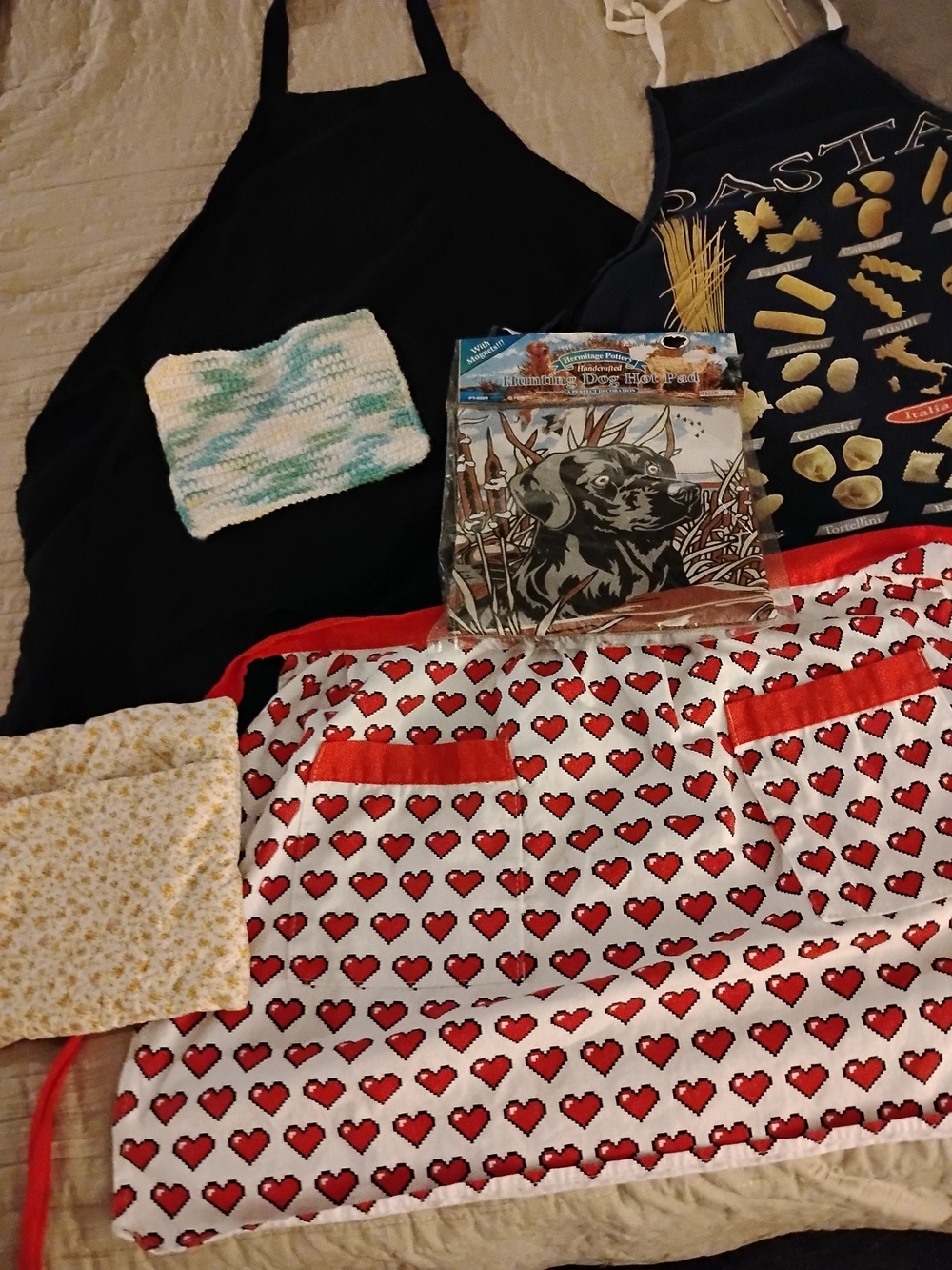 Retro Kitchen Bundle: Vintage Aprons, Handmade Knitted Pot Holder & More